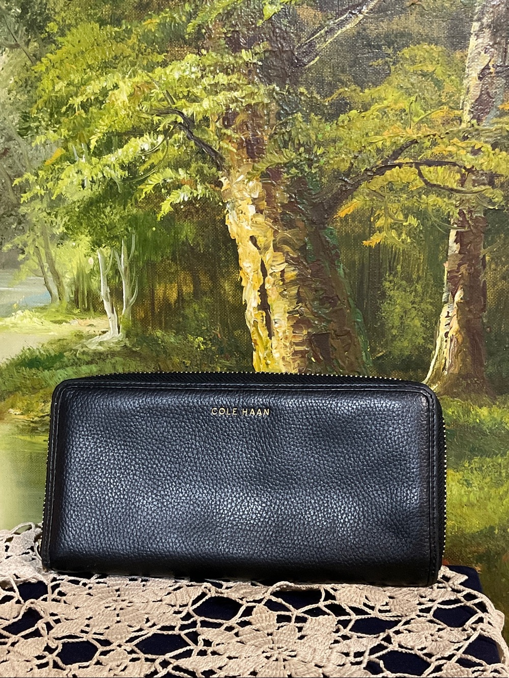 Cole Haan Black Pebbled Leather Zip Wallet with Gold Logo
